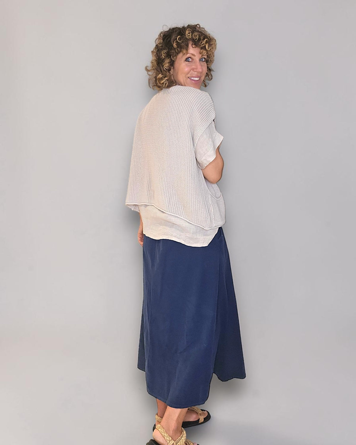 Navy Midi  Corduroy Button Skirt