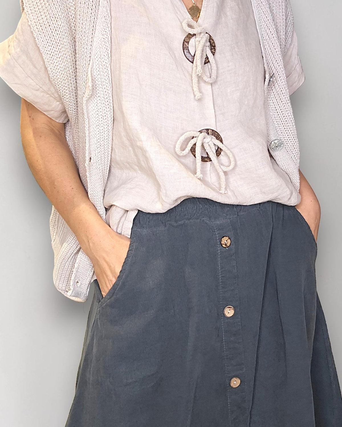 Grey Midi Corduroy Button Skirt