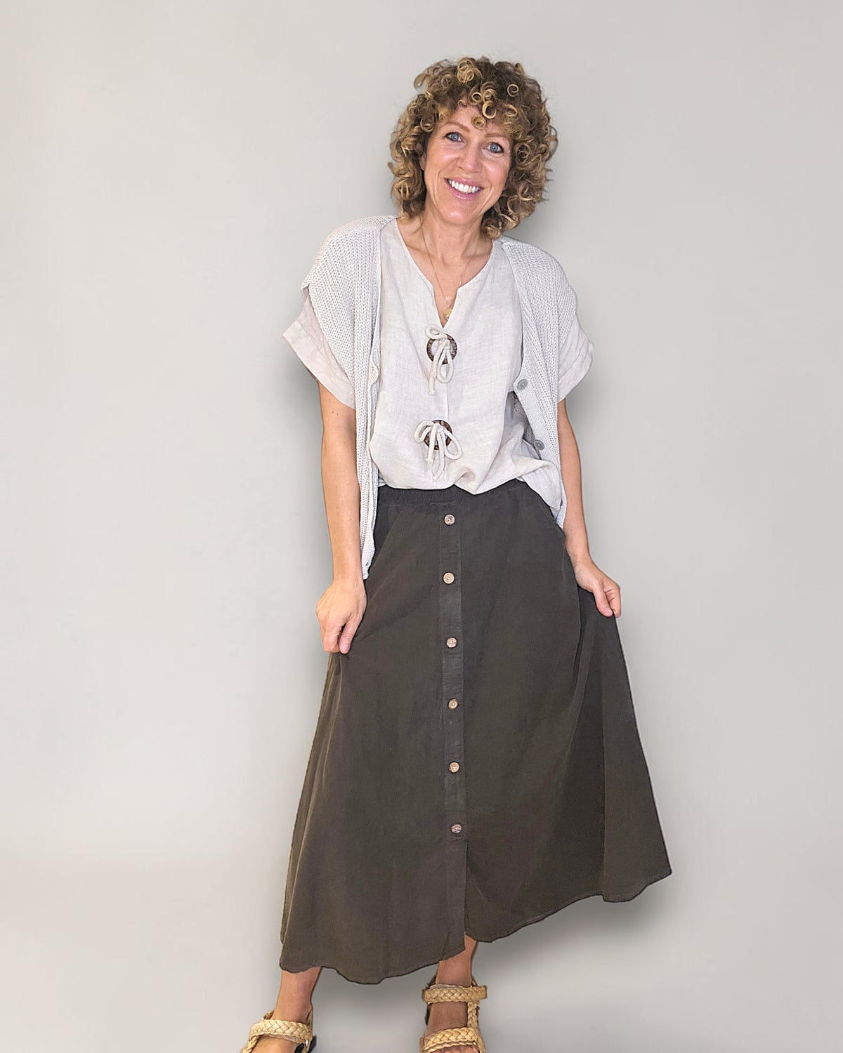 Coffee Midi Corduroy Button Skirt