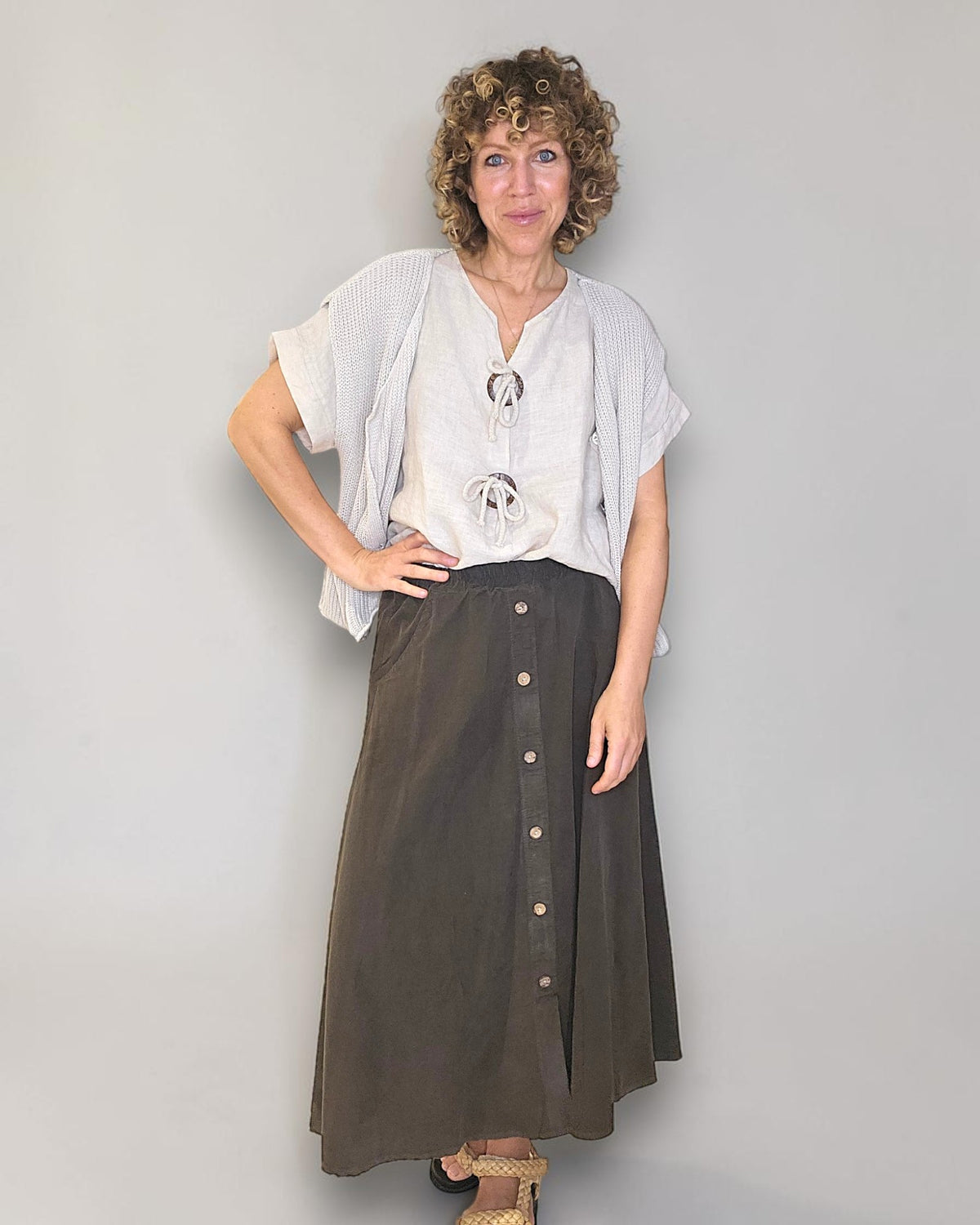 Coffee Midi Corduroy Button Skirt