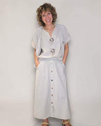 Beige Midi Corduroy Button Skirt