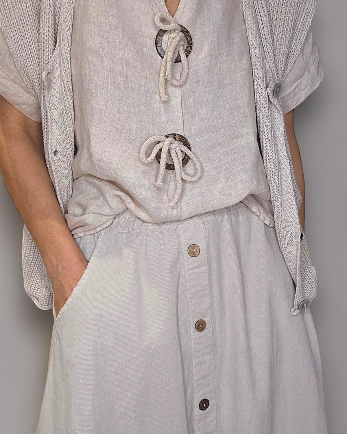 Beige Midi Corduroy Button Skirt