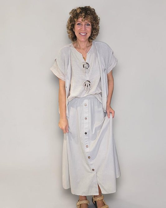 Beige Midi Corduroy Button Skirt