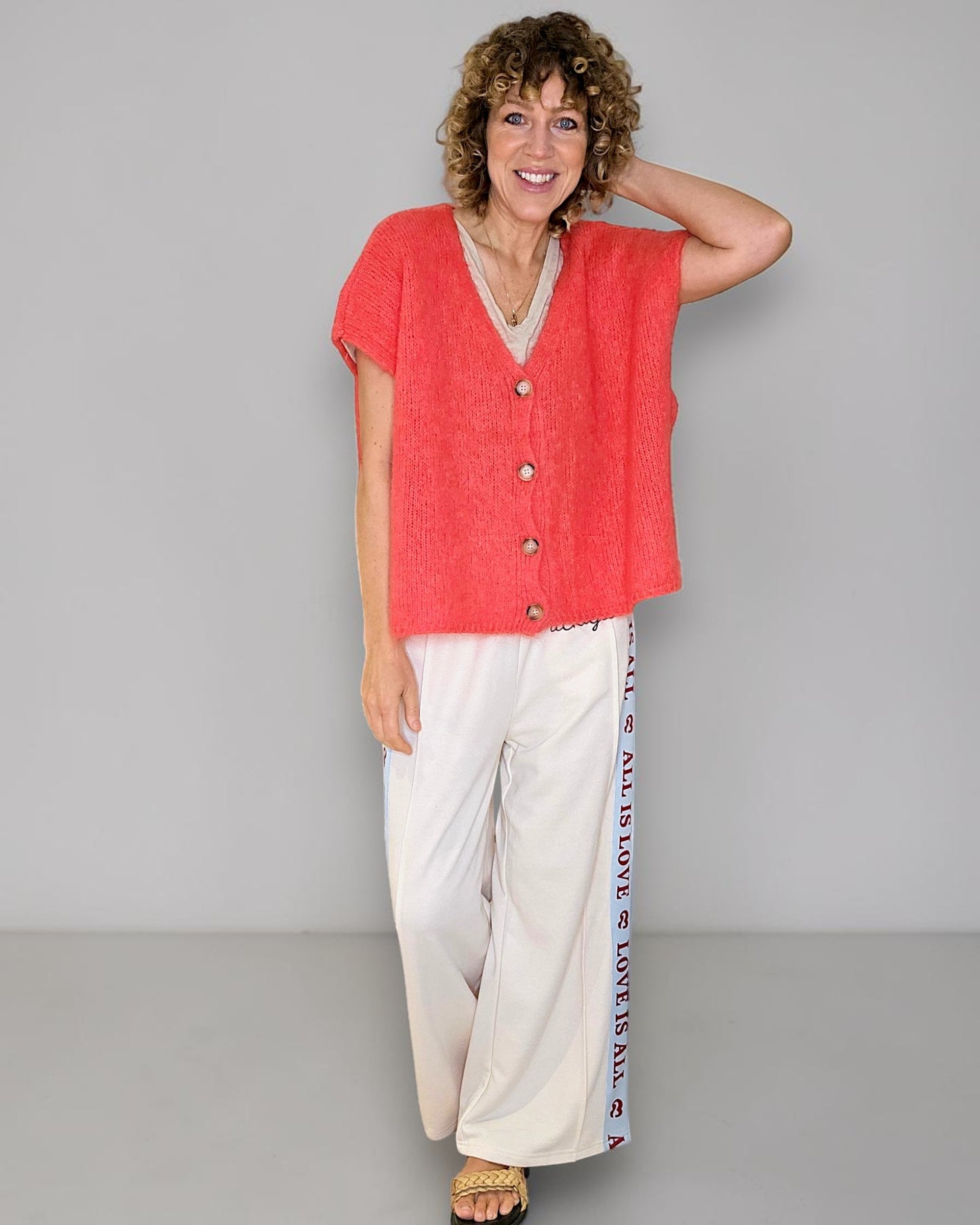 Bright Coral Mohair Blend V-Neck Vest