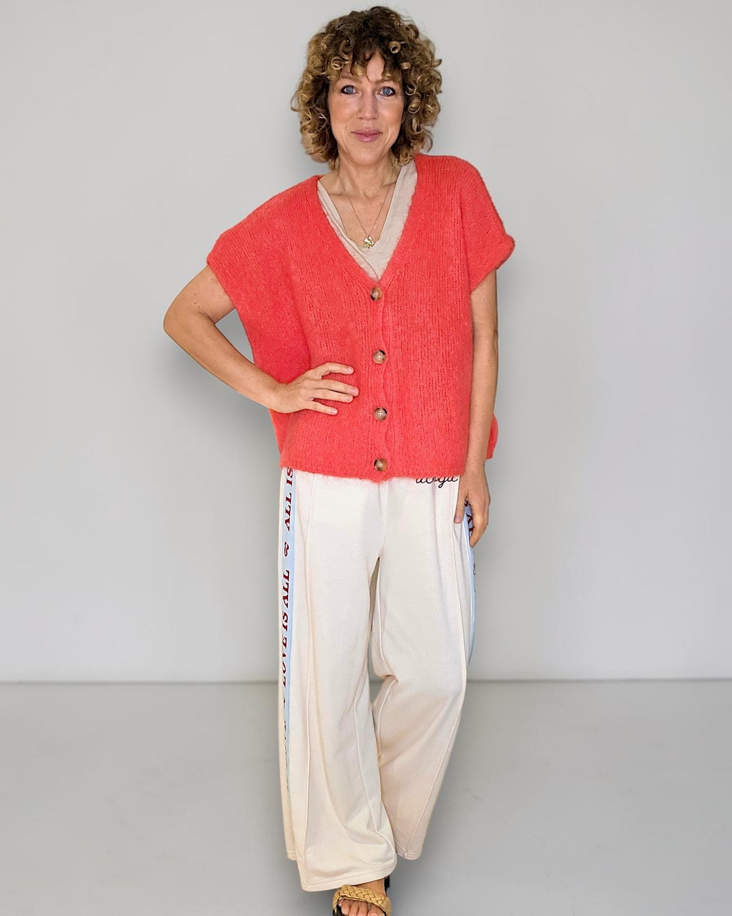 Bright Coral Mohair Blend V-Neck Vest