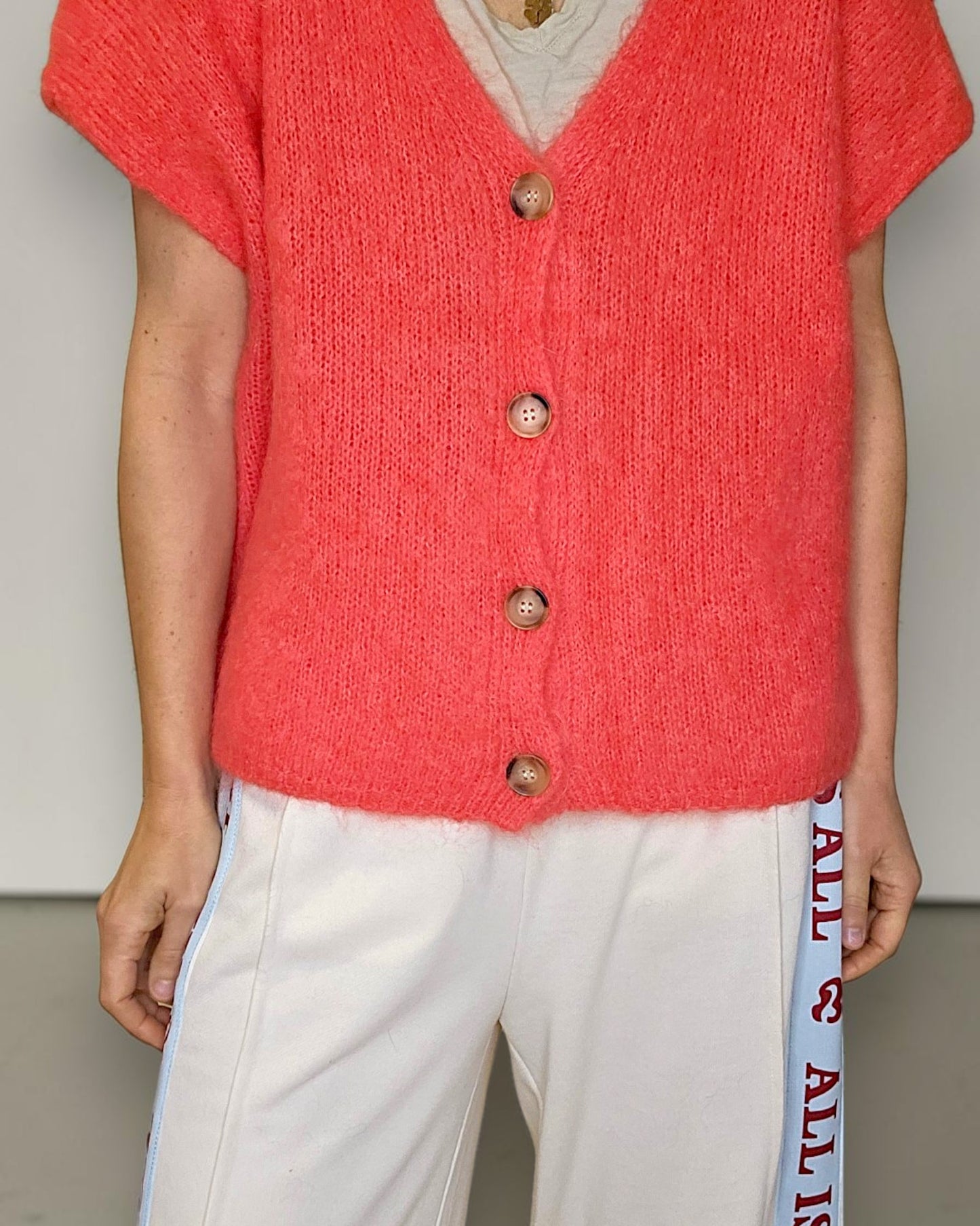 Bright Coral Mohair Blend V-Neck Vest