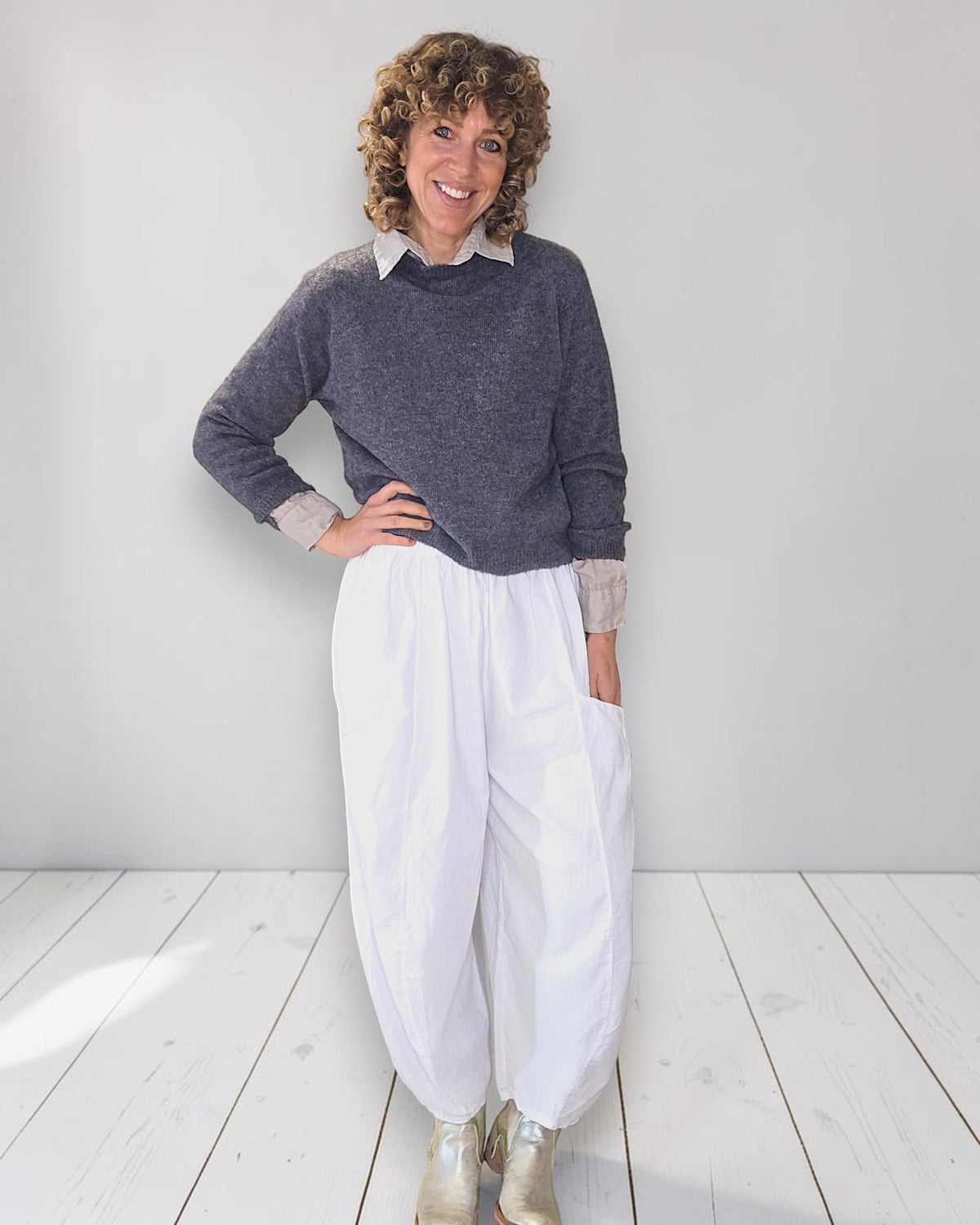 White Corduroy Barrel Pants