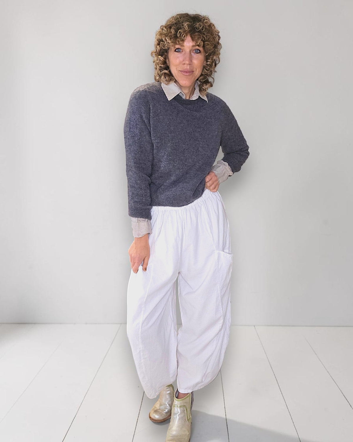 White Corduroy Barrel Pants