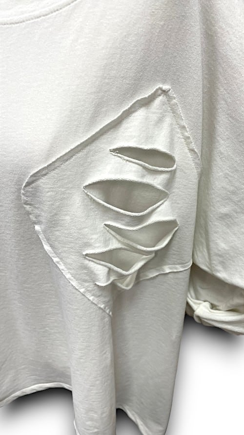 White Plain Ripped Cotton Sweater