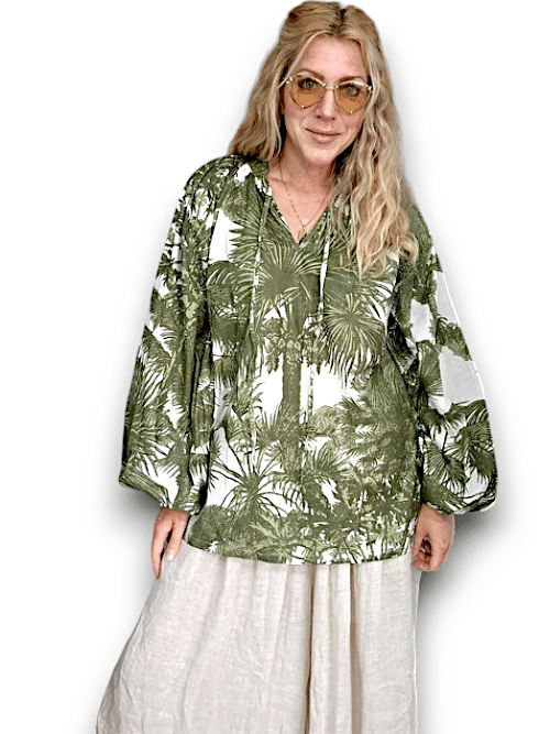 IDA IVY Pouf Sleeve Tunic-Palm Porcelain/Gre image 0