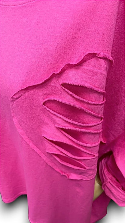 Hot Pink Plain Ripped Cotton Sweater