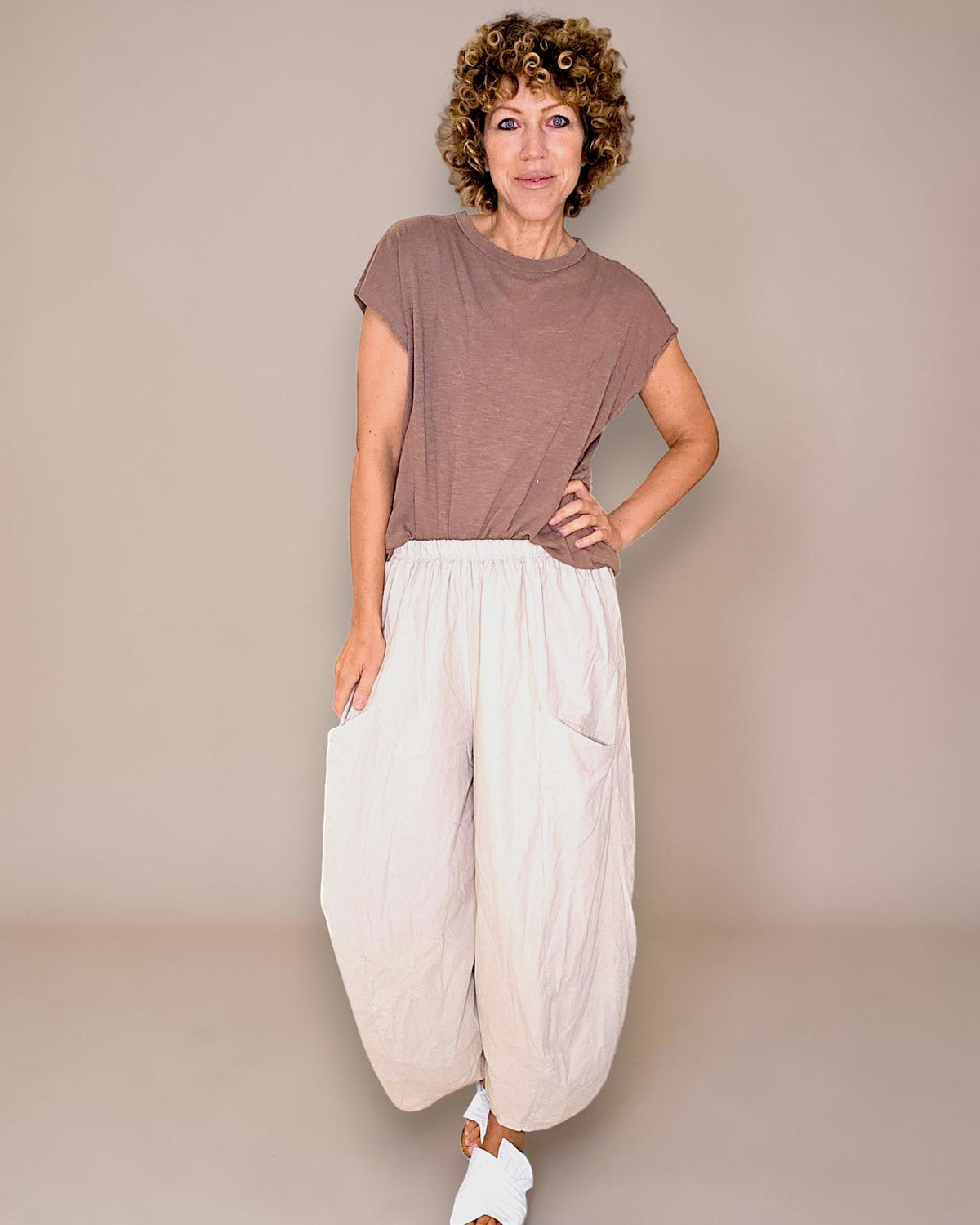 Beige Corduroy Barrel Pants