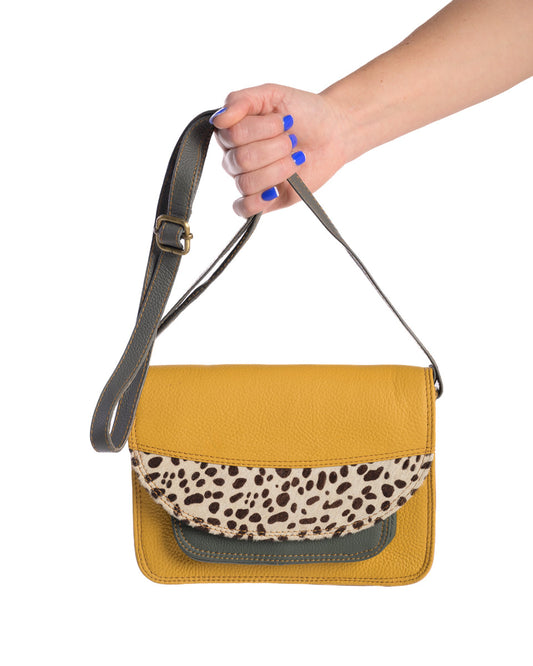 Gio | Mustard, Black & White Mini Dot Leopard | Leather Bag