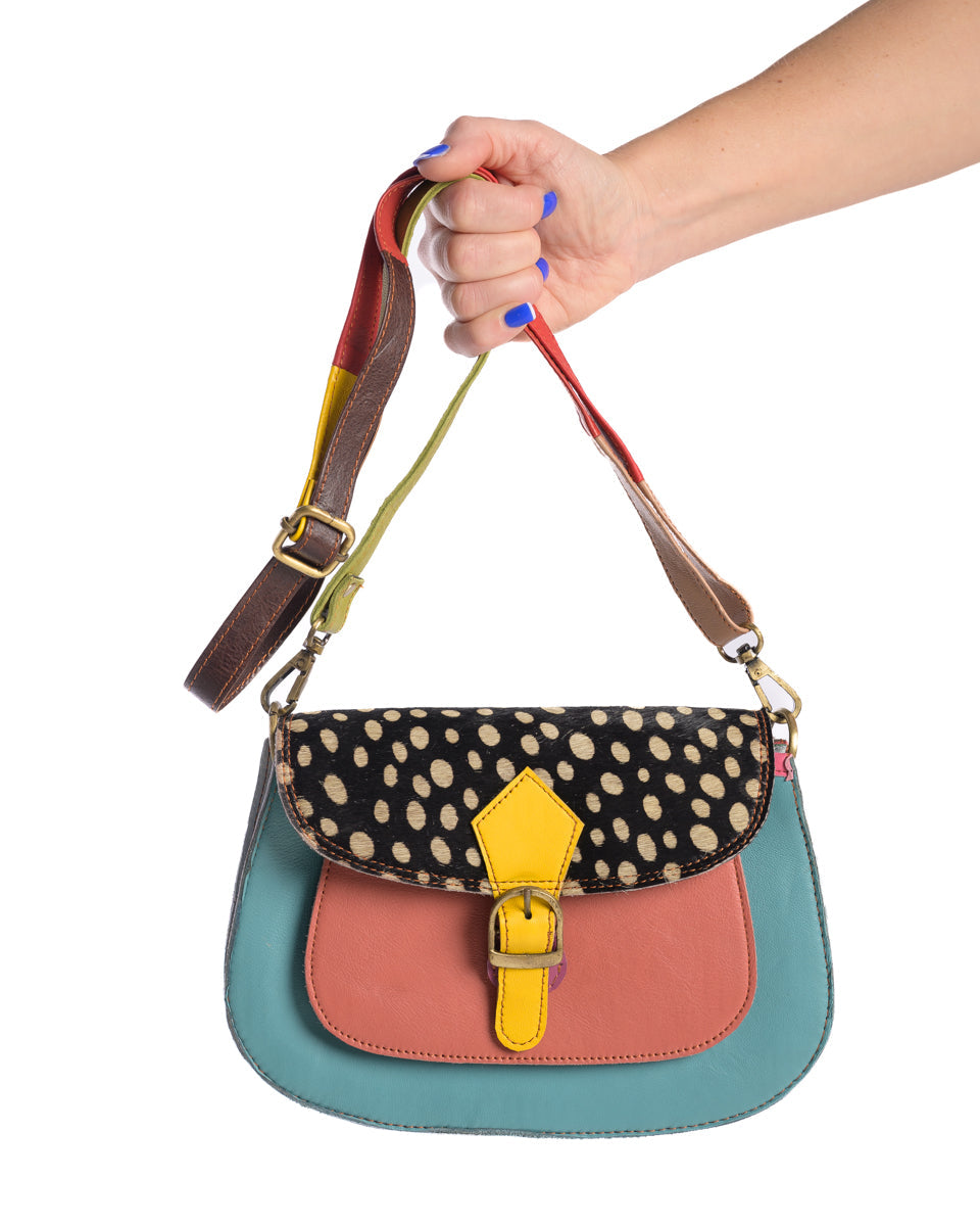 Freeda | Bright Turqoise, Pink & Black Mini Dot | Leather Bag