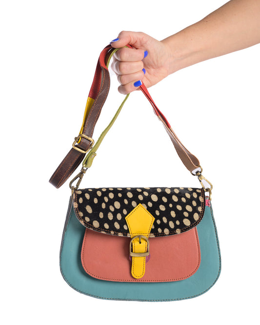 Freeda | Bright Turqoise, Pink & Black Mini Dot | Leather Bag
