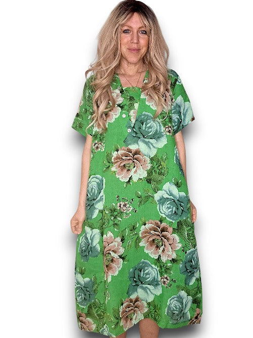 Bright Green Bright Bloom V-Neck Maxi Dress with Buttons