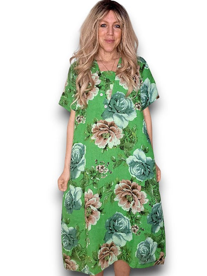 Bright Green Bright Bloom V-Neck Maxi Dress with Buttons