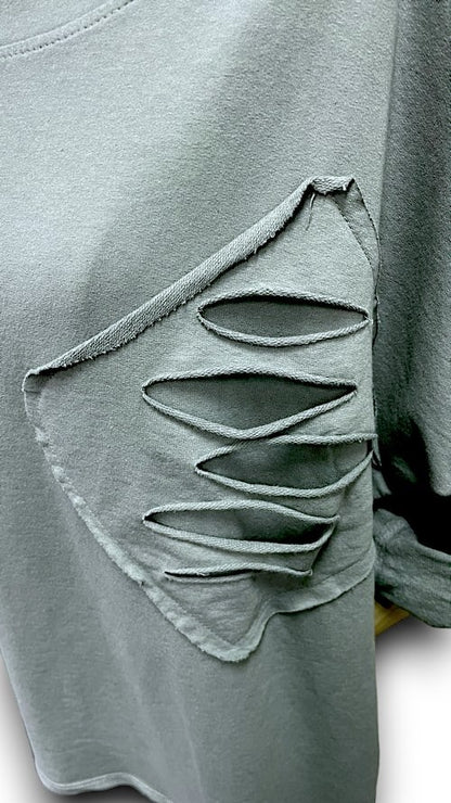 Grey Plain Ripped Cotton Sweater