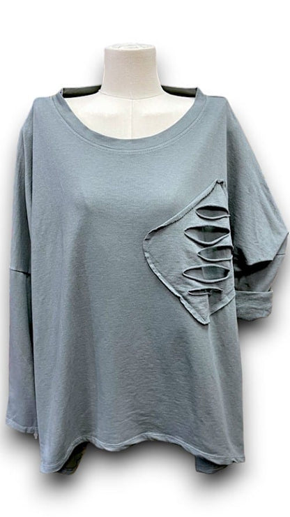 Grey Plain Ripped Cotton Sweater