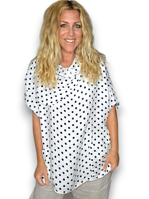 White Polka Dot Split Collar Moku Top