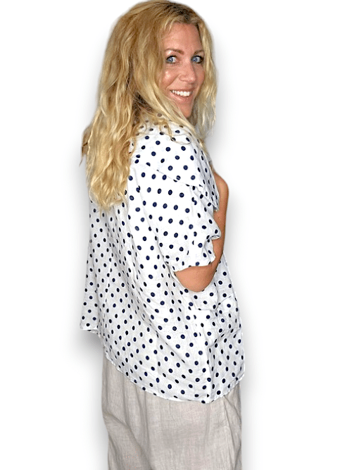 White Polka Dot Split Collar Moku Top