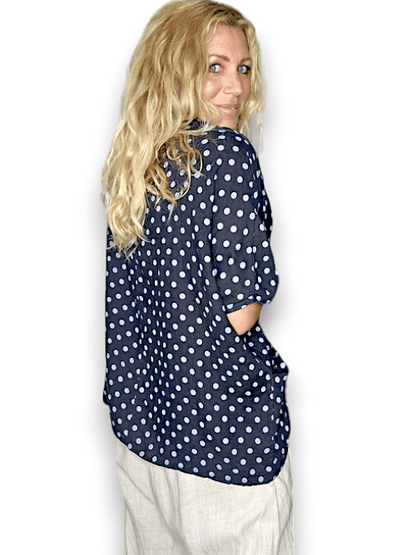 Midnight Navy Polka Dot Split Collar Moku Top