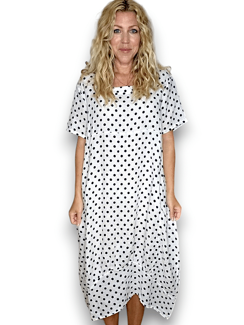 White Polka Dot Mid Sleeve Linen Mid Maxi Dress