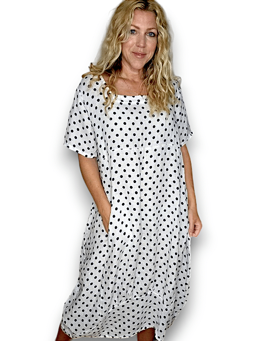 White Polka Dot Mid Sleeve Linen Mid Maxi Dress