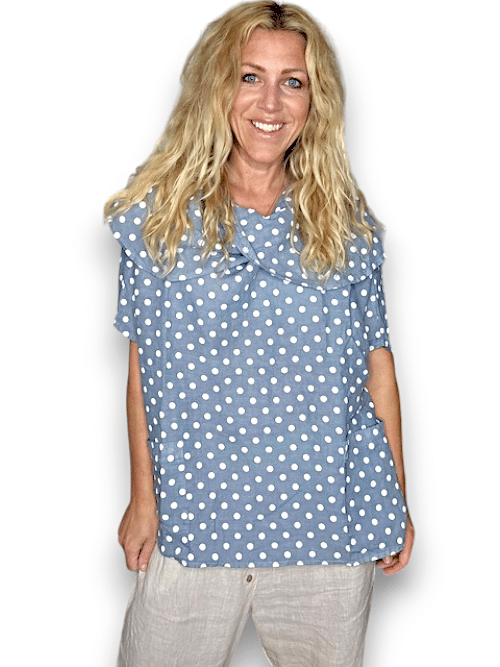 Petrol Polka Dot Split Collar Moku Top