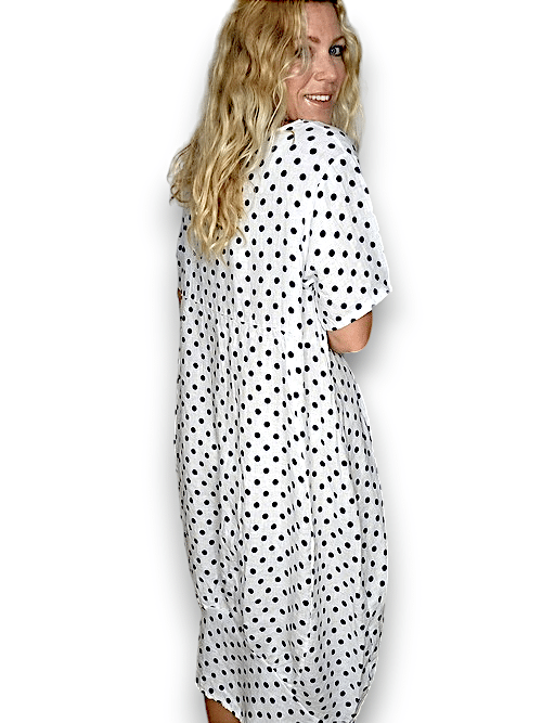 White Polka Dot Mid Sleeve Linen Mid Maxi Dress