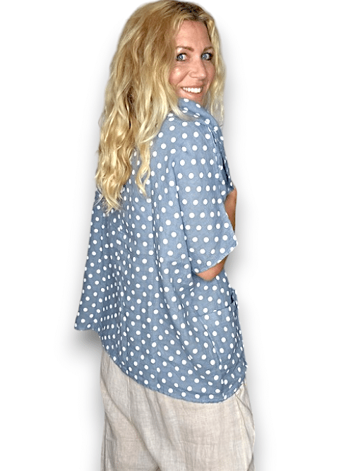 Petrol Polka Dot Split Collar Moku Top