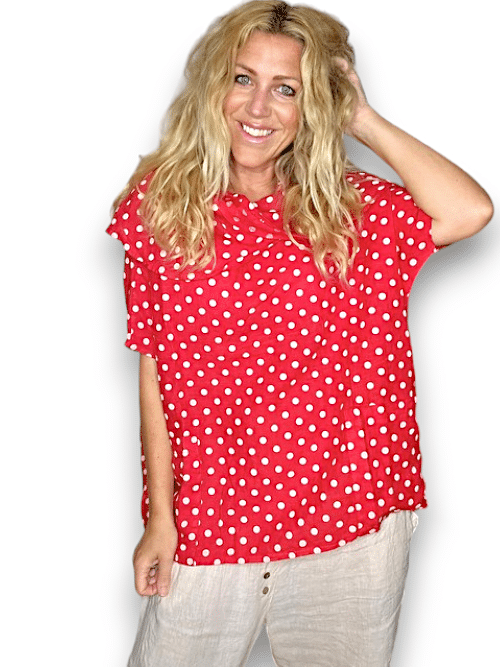 Red Polka Dot Split Collar Moku Top