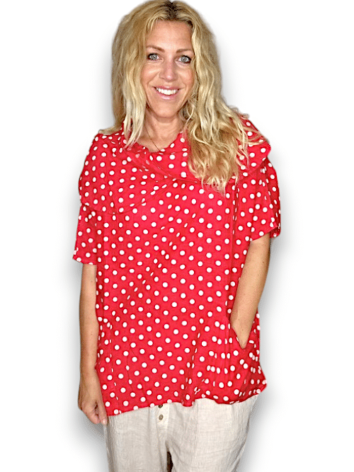 Red Polka Dot Split Collar Moku Top