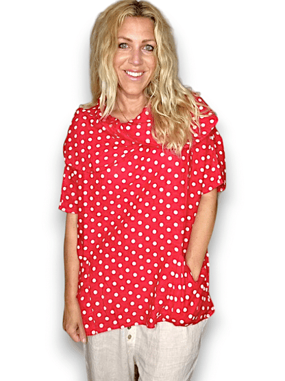 Red Polka Dot Split Collar Moku Top