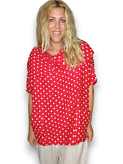 Red Polka Dot Split Collar Moku Top