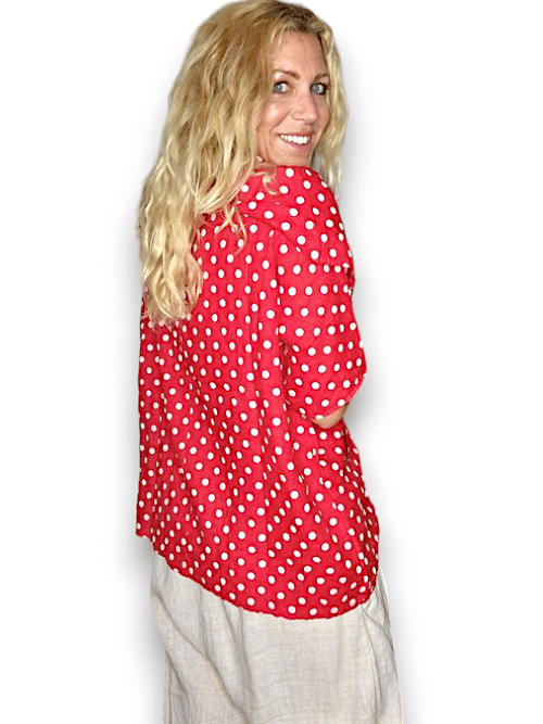 Red Polka Dot Split Collar Moku Top