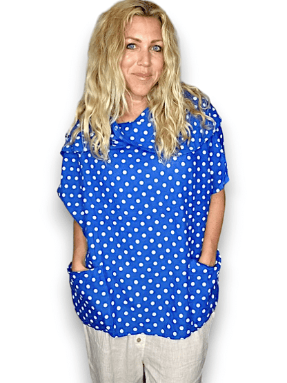 Cobalt Polka Dot Split Collar Moku Top