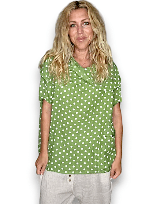 Lime Polka Dot Split Collar Moku Top