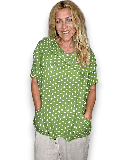 Lime Polka Dot Split Collar Moku Top