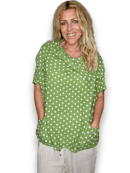 Lime Polka Dot Split Collar Moku Top