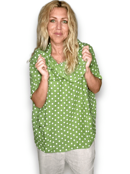 Lime Polka Dot Split Collar Moku Top