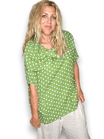 Lime Polka Dot Split Collar Moku Top