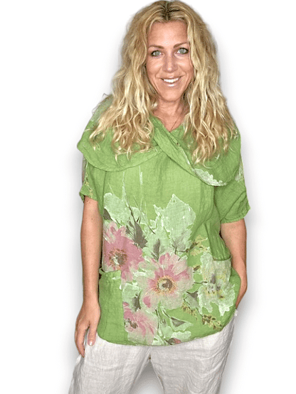 Lime Big Blossom Split Collar Moku Top