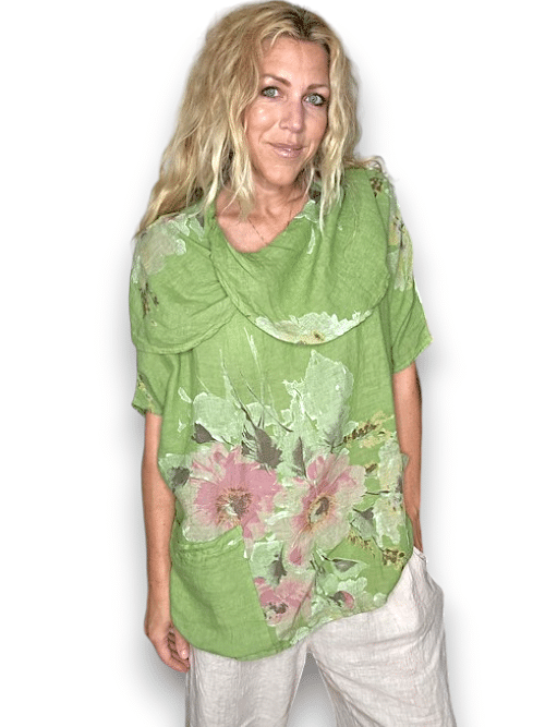 Lime Big Blossom Split Collar Moku Top