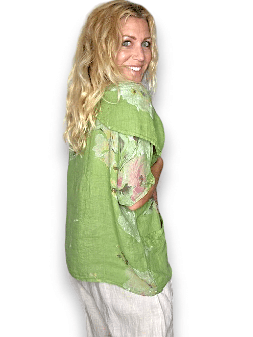 Lime Big Blossom Split Collar Moku Top