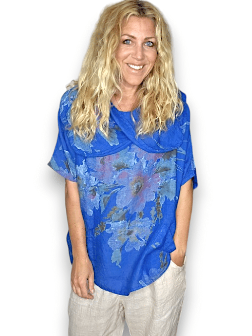 Cobalt Big Blossom Split Collar Moku Top