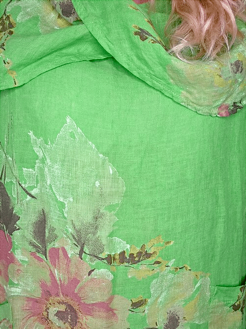 Bright Green Big Blossom Split Collar Moku Top