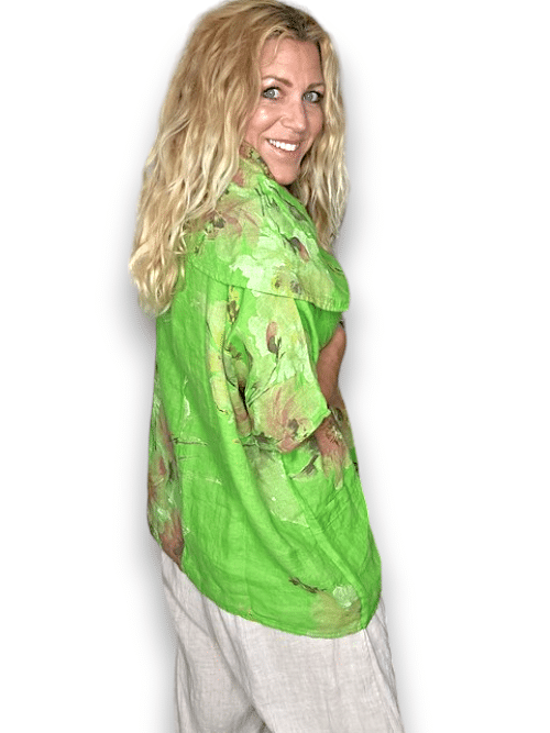 Bright Green Big Blossom Split Collar Moku Top