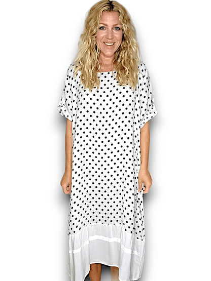 White Polka Dot Button Sleeve Hem Dress