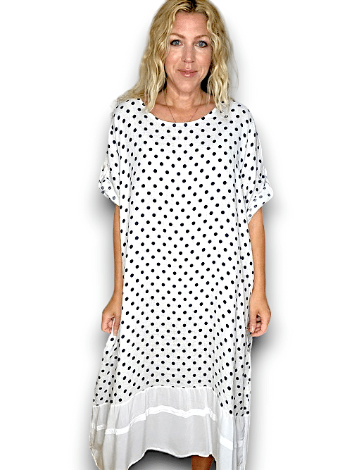 White Polka Dot Button Sleeve Hem Dress